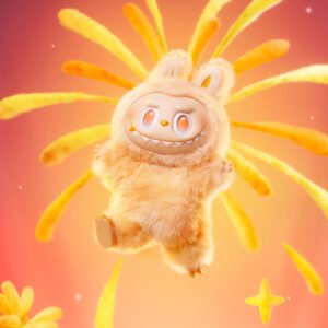 labubu big into energy HAPPINESS (Golden Yellow): Look, humans are setting off fireworks! Happy magic causes LABUBU's energy to burst, flying up alongside the display. LABUBU takes on the golden-yellow hue of the fireworks, its smile shining even brighter.